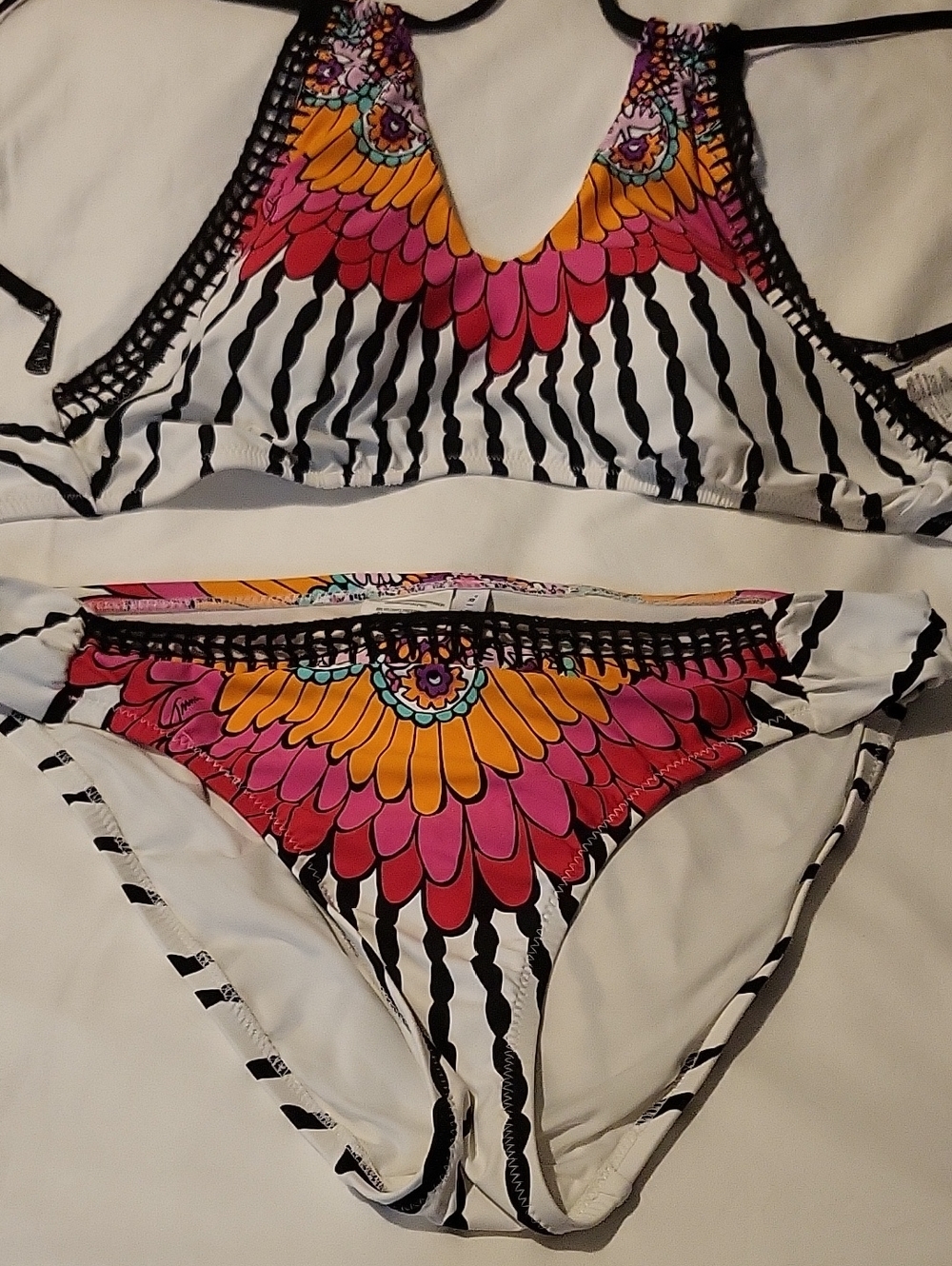 Trina Turk White Bikini with Pink & Orange Feathered Floral Accents